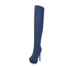 Agodor Women's Denim Thigh High Heels Platform Stiletto Winter Long Boots with Zipper