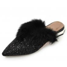 Agodor Women's Pointed Toe Elegant Flats Loafer Mules Glitter Winter Slippers with Fur