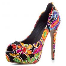 Agodor Colorful Ethnic Style Thin High Heels Women Pumps Platform Elegant Leisure Shoes Embroidery