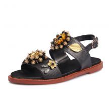 Agodor Women's Flat Leather Buckle Summer Sandals with Crystals and Flowers