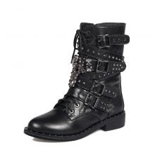 Agodor Black Women's Low Heels Flat Leather Studs Rivets Ankle Boots Winter Boots with Buckles