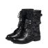 Agodor Black Women's Low Heels Flat Leather Studs Rivets Ankle Boots Winter Boots with Buckles